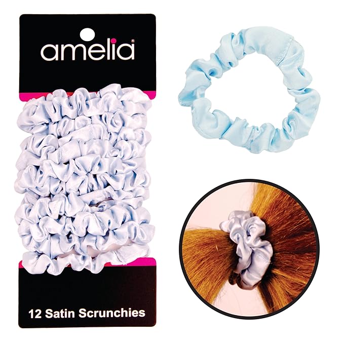 Amelia Beauty, Sky Blue Satin Small Scrunchies, 12-Pack – No Damage Hair Ties for Women, Gentle & Durable Hair Accessories, 2.5in x 0.5in