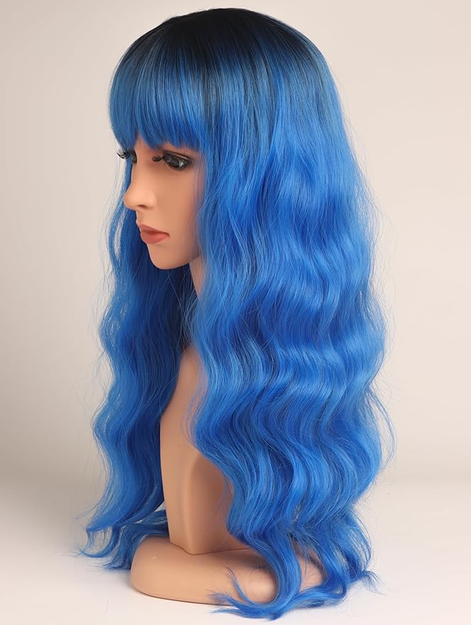 Blue Hair Wavy Wigs With Bangs For Women Synthetic Blue Wigs For Daily Use Everyday Wear.