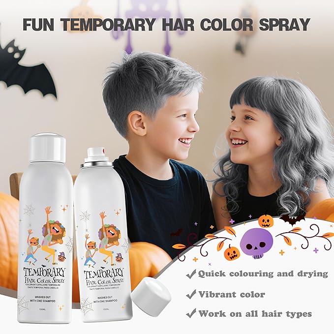 Gray Temporary Hair Color Spray for Kids, Grey Instant Colored Hair Dye Alternative for Girls Boys Teens Women Men, Disposable Washable, Quick Styling for Party Christmas Halloween, 150ml