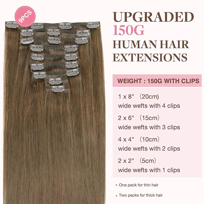 GOO GOO Clip in Hair Extensions Real Human Hair, Remy Human Hair Extensions Clip ins for Women, Natural Human Hair, 18inch 150g 9Pcs, 5 Light Ash Brown
