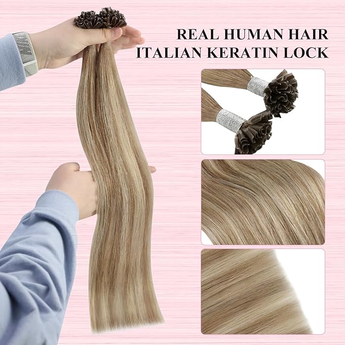 YoungSee Balayage U Tips Hair Extensions Hot fusion Pre Bonded Utip Hair Extensions Human Hair Ombre Brown and Blonde Remy Hair Extension U Tip Hot Fusion K Tips Hair Extension for Women 18In 1G/S 50G