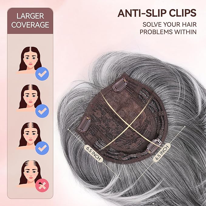 LEEONS Hair Toppers for Women Bob Toppers Hair Pieces for Women with Thinning Hair 360° 3D Cover Short Bob Wig Topper with Clip in Bangs Hair Pieces (Grey Mixed)