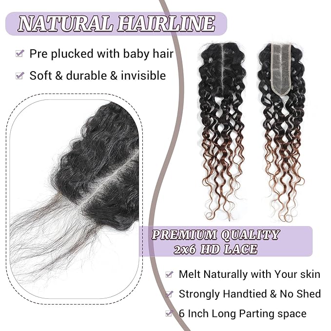 T1B/2/30 Ombre 2x6 Water Wave Lace Closure 100% Real Human Hair 18 Inch Chestnut Brown Ombre Water Wave Transparent Lace Closure