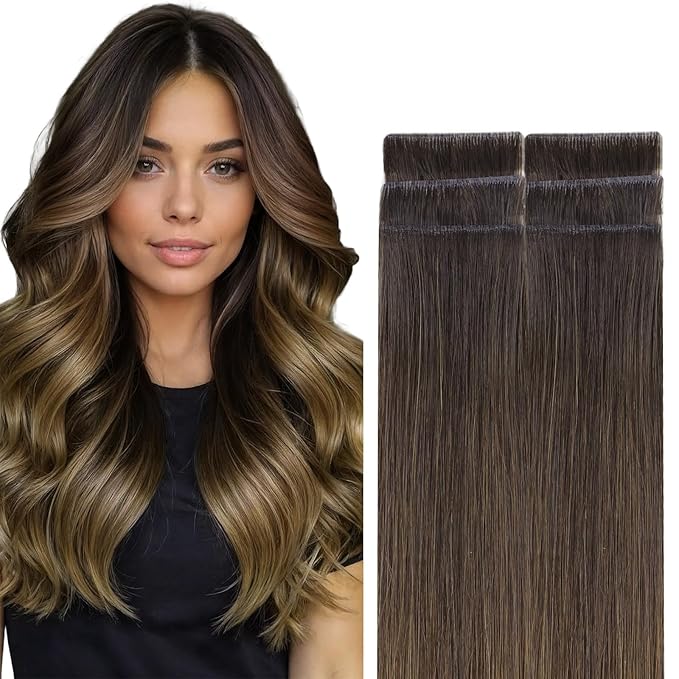 GOO GOO Invisi Edge Tape in Hair Extensions Human Hair, 1D/2C/4E Chocolate Dip Color Melt, 6pcs 22inch 18g, Virgin Remy Hair, Seamless Injected Tape, Natural Look