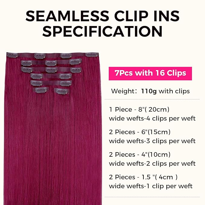 Lashey Seamless Clip in Hair Extensions Human Hair 110g 7pcs Burgundy #99j Straight 14 Inch Real Hair Extensions Clip ins with Soft PU Weft Invisible