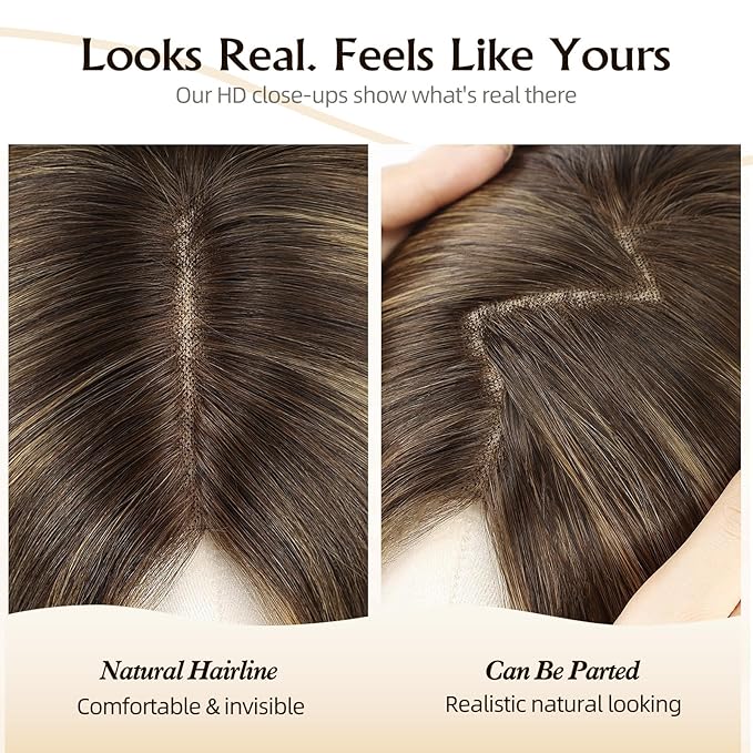 MONO TOP Hair Toppers for Women Human Hair 12 Inch 7"×8" Big Base Partial wig Cover Thinning Hair or Loss No Bangs Top Hair Pieces Natural Wiglets (Brown with Blonde Highlights)