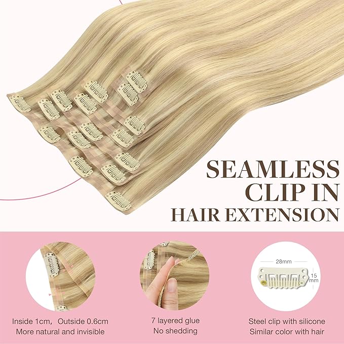 GOO GOO Clip in Hair Extensions Real Human Hair, Remy Human Hair Extensions Clip ins for Women, Natural Human Hair, 20inch 110g 7Pcs, 18D/22F Dirty Blonde Highlights