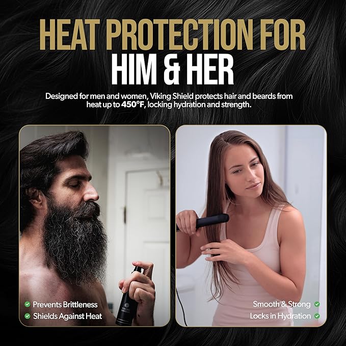 Beard & Hair Heat Protectant Spray - Viking Shield Beard Spray for Men, Protects Hair from Heat Damage of Straightener and Styling - Argan Oil Thermal Protector Spray - Protect Up To 450º F - 4 Fl Oz