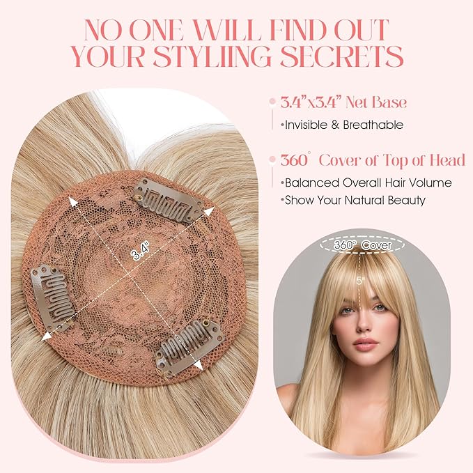 Hairro Mono Hair Toppers with Bangs, 3.4" x 3.4" Mono Base 100% Real Human Hairpieces for Women, 150% Density Clips In Topper for Greyish Thinning Hair, 10 Inch Golden Brown Mix Bleach Blonde