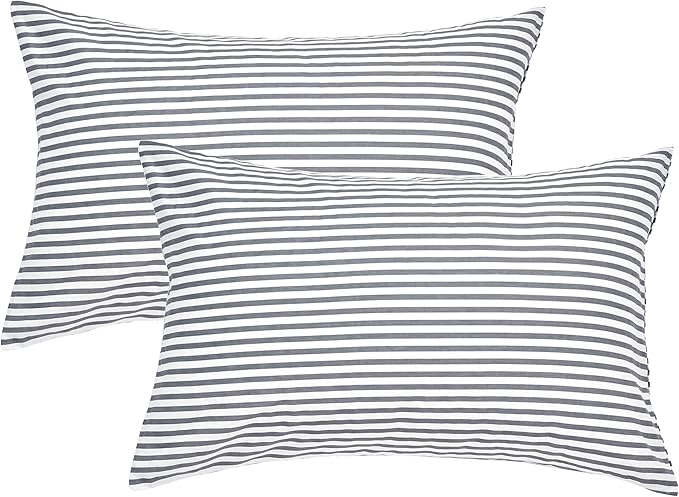JELLYMONI 100% Natural Cotton Plaid Standard Pillowcases Set, 2 Pack Dark Gray with White Stripes Pattern Printed Pillow Covers with Envelope Closure(Pillows are not Included)