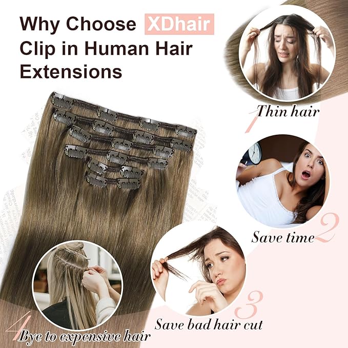 XDhair Clip in Hair Extensions 100g 14Inch Ash Brown Clip in Human Hair Extensions Straight Clip In Real Hair Extension for Women (#8,14Inch)
