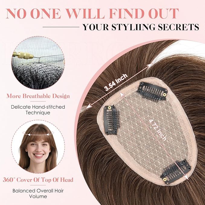 Hairro Human Hair Toppers with Wispy Bangs, 3.5x4.7" Hand-wovened Base for Women with Thinning Hair, Lightweight & Breathable Realistic Scalp, Clip-in Hairpieces for Easy Wear, 15 Inch Dark Brown