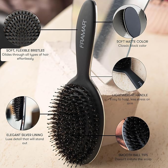 FRAMAR Soft Boar Bristle Hair Brush For Women – Boars Hair Brush For Women, Boar Brush For Fine Hair, Hairbrush For Fine Hair, Soft Bristle Brush For Slick Back, Volume and Shine - Black