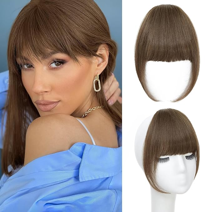 Clip In Bangs for Women, Brown French Bangs Hair Clip with Temples, 100% Real Human Hair Layered Curved Fringe for Halloween and Daily Use(Brown, French Bangs)