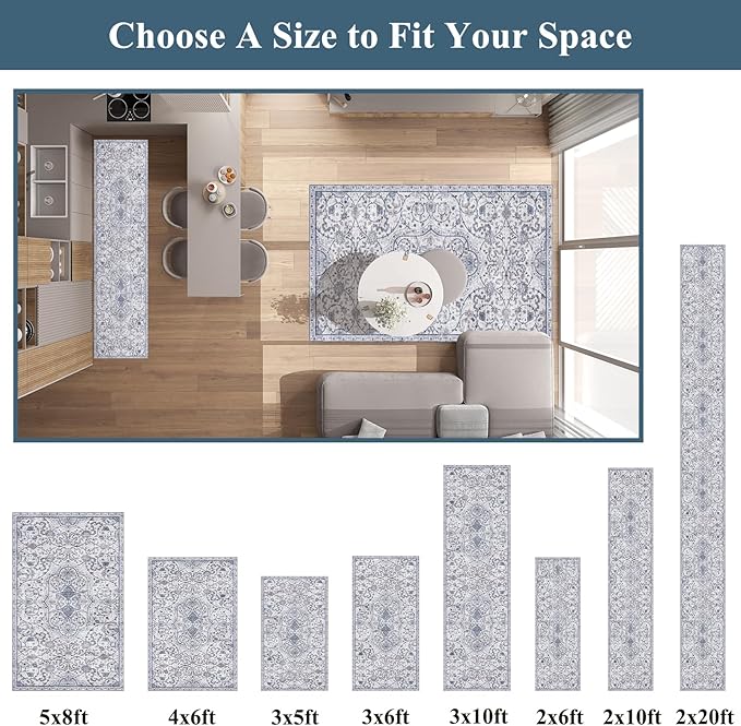 Area Mat for Living Room, 5'x8' Waterproof Vintage Print Floor Mat for Bedroom Kitchen, Stain Resistant Non-Slip Rug for Under Dining Table, Soft Floor Play Pad for Baby Spills, Pet Accidents