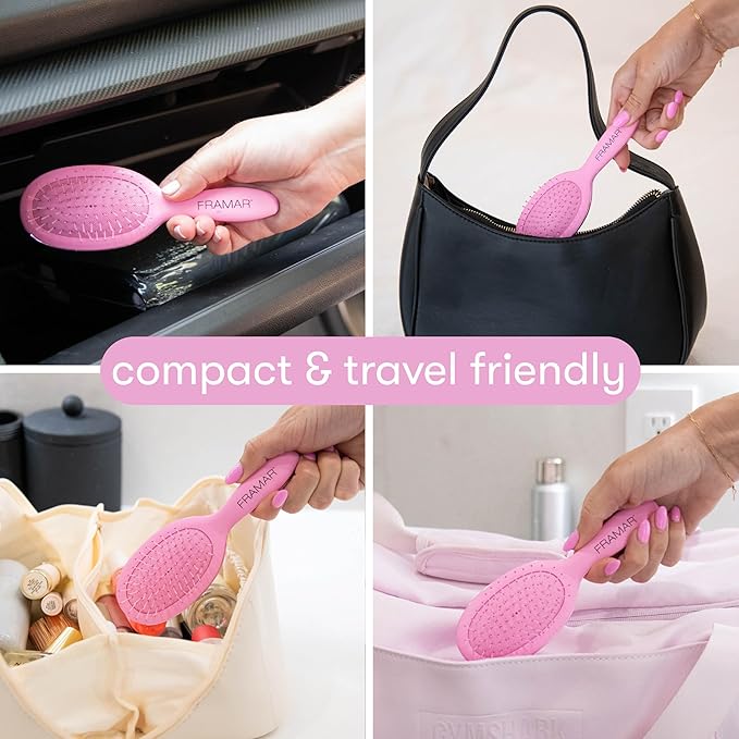 FRAMAR Mini Hair Brush Detangler – Mini Brush For Hair, Small Travel Hair Brush For Women, Travel Hairbrush Detangler, Compact For Travel, Reduces Breakage, For All Hair Types – Matte Pink