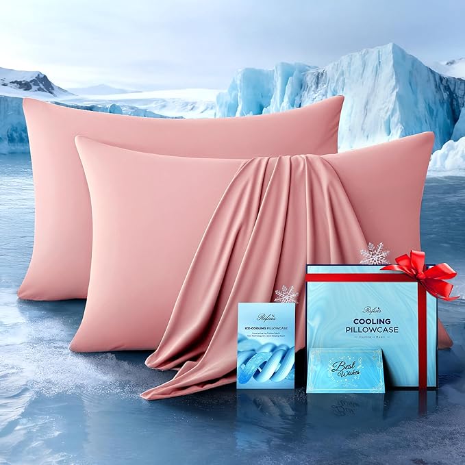 Ultra-Chill Cooling Pillowcase Set of 2 for Hot Sleepers, Softer Than Silk Pillow Cases for Protecting Hair & Skin, Breathable Bed Pillow Covers w/Zipper, Gifts for Women & Men (Pink, Queen)