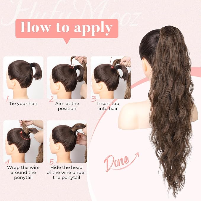 Flufymooz Ponytail Extension, Flexible Wrap Around Ponytail Extension Long Wavy Curly Ponytail Hair Extensions Natural pony tail Synthetic Hairpiece for Women 26 Inch (Chocolate Brown to Light Brown)