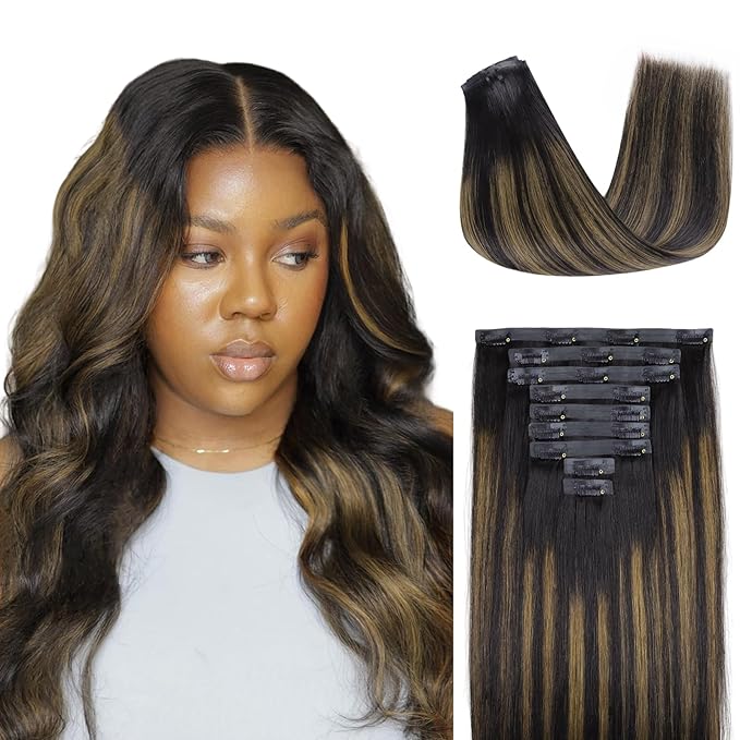 Lashey Seamless Clip in Hair Extensions Human Hair 9pcs Straight Natural Black Mixed Chestnut Brown 130g 18 Inch Clip in Hair Extensions with Thin PU Soft Invisible Edge for Women