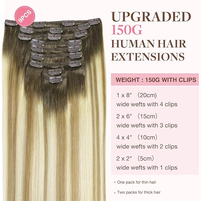 GOO GOO Clip in Hair Extensions Real Human Hair, Remy Human Hair Extensions Clip ins for Women, Natural Human Hair, 22inch 150g 9Pcs, 5A/90/16F Bahamian Balayage