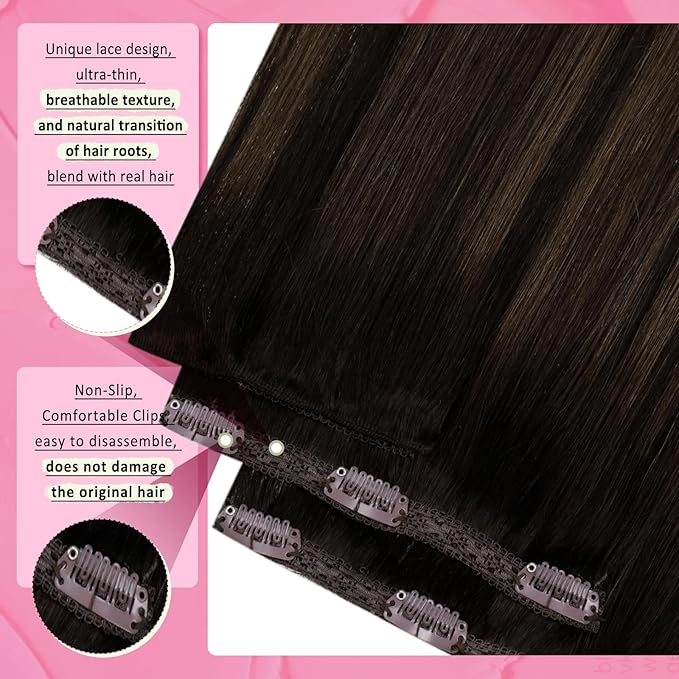 YoungSee 150G Clip in Human Hair Extensions Brown Balayage Human Hair Clip ins Dark Mix Medium Brown Clip in Hair Extensions Long Straight Hair 24Inch 7Pcs