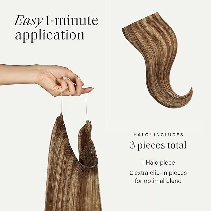 Luxy 100% Remy Human Hair – Halo Clip-In Hair Extensions –Natural Looking Volume & Length - One-Piece - Easy 5-Min Application 180 grams 20" Chestnut Brown Highlights