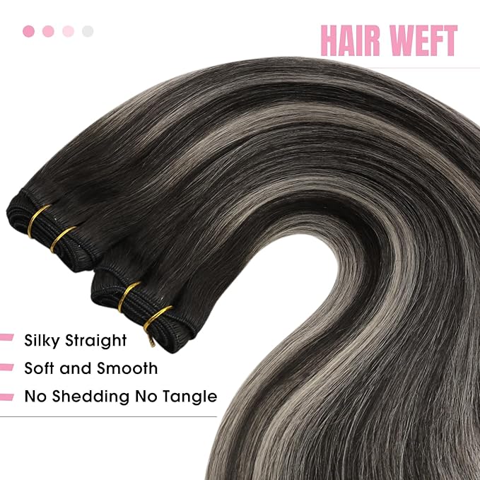 YoungSee 24 Inch Human Hair Sew in Extensions Black Balayage Double Weft Human Hair Extensions Silver Blonde Mix Natural Black Sew in Hair Extensions Remy Hair 100G