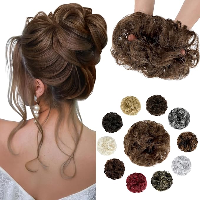 Messy Bun Hair Piece Wavy Curly Scrunchies Fluffy Donut Thick Updo Elegant Chignon Hairpieces for Women Girls, Light Chestnut Brown 1.4oz
