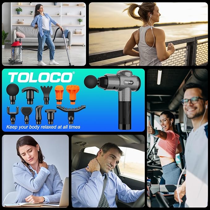 TOLOCO Massage Gun, Deep Tissue Back Massage for Athletes for Pain Relief, Percussion Massager with 10 Massages Heads & Silent Brushless Motor, Christmas Gifts for Women, Men, Carbon