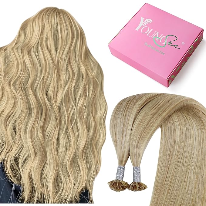 YoungSee K Tip Hair Extensions Human Hair Blonde Highlight Ktip Human Hair Extensions Golden Blonde Highlight 18inch 50s/50g