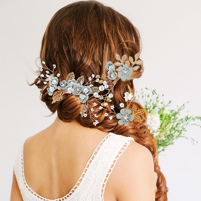 Wedding Flower Hair Accessories for Women: 4pcs Leaf and Flower Hair Combs for Women Accessories - Crystal Pearl Wedding Flower Clips Headpiece for Brides Bridesmaids Girls Updo (Green)
