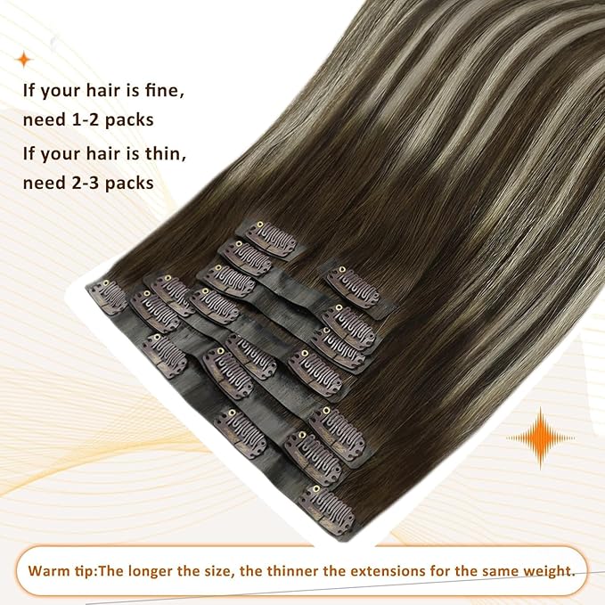 Full Shine Invisible Clip in Hair Extensions 20 Inch Seamless Hair Extension Dark Brown with Platinum Blonde Human Hair Extensions for Long Hair 8 PCS 120 G