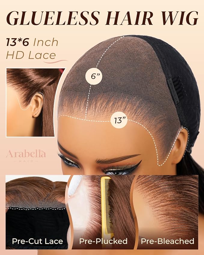 Arabella 13x6 Chocolate Brown Glueless Wigs Human Hair Pre Plucked Pre Cut 13x6 Ear to Ear Full HD Lace Front Wigs Human Hair 210% Density 4# Brown Straight Wig Drawstring Wig Human Hair 24 Inch