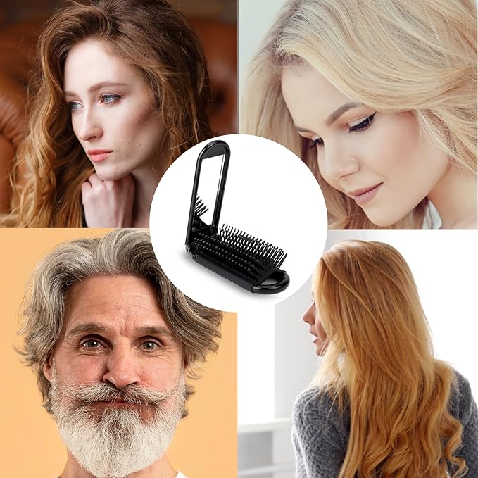 2 Pcs Foldable Hair Brush with Mirror Portable Travel Hair Brush Pocket Size Anti-static Mini Hairbrush Small Compact Massage Comb Hair Styling Tools for Women Girls Home Travel Gym Purse (Black)