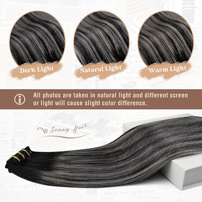 Ve Sunny Clip in Human Hair Extensions Black Ombre Clip in Hair Extensions Real Human Hair Silver Hair Clip in Extensions Balayage Hair Extensions Ease of Installation 7pcs 120g 16inch