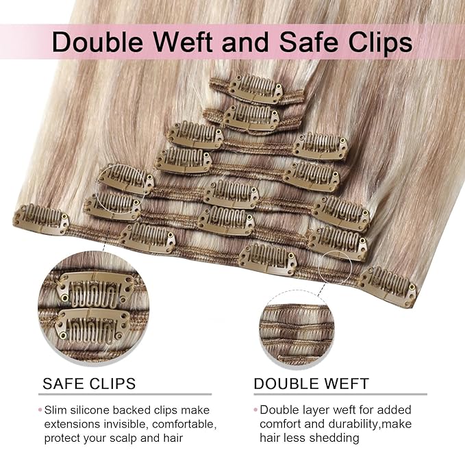 Pro2.0 Clip in Hair Extensions Real Human Hair 20inch 7pcs #18/22/60 Balayage Ash Blonde to Golden Blonde and Platinum Blonde Real Human Hair Extensions Clip ins 120g Thick（#18/22/60-20inch）