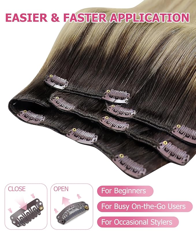 YoungSee 150G Clip in Hair Extensions Ombre Blonde Clip in Human Hair Extensions Balayage Medium Brown Mix Golden Blonde with Platinum Blonde Straight Human Hair Clip in Extensions for Women 22Inch