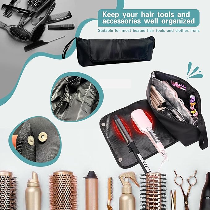 Hair Tools Travel Bag and Heat Resistant Mat，Set of 2, Women Essentials Storage Pouch for Curling Iron Straightener Flat Iron Hair Dryer