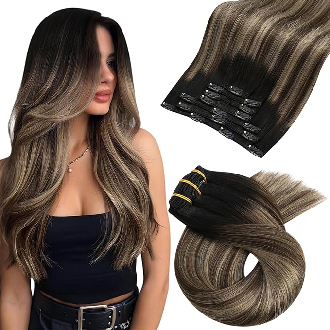Moresoo Clip in Human Hair Extensions Balayage Straight Thick Double Weft Clip in Hair Extensions Ombre Off Black to Dark Brown Mixed Darkest Blonde 7pcs 120g 20inch