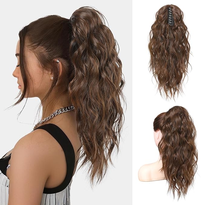 FLUFYMOOZ Ponytail Extension, 18 Inch Claw Clip Ponytail Extension, Wavy Curly Claw Clip in Ponytail Hair Extensions, Natural Fake Ponytail Synthetic Hairpiece for Women (Medium Chocolate Brown)
