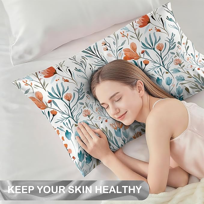 Satin Pillowcase 1 Pack-Watercolor Flowers Small Floral Silky Pillow Cover for Hair and Skin,Standard Size 20x26 Inch Soft Cooling Printed Pillow Cases with Hidden Zipper,Gifts for Women Men