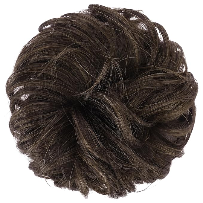 FESHFEN Messy Bun Hair Piece - Elastic Wavy Curly Hair Bun Scrunchies Extensions Synthetic Chignon Hairpieces for Women Girls, Mixed Chocolate Brown 1.5 oz