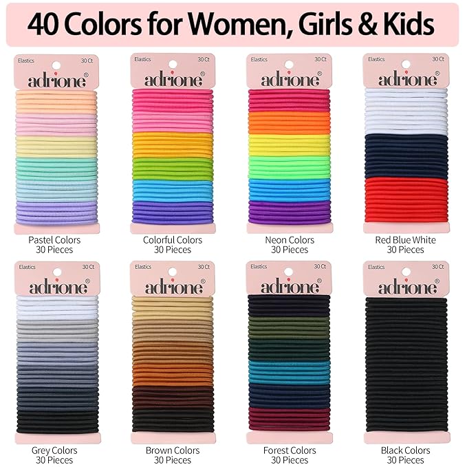 Elastic Hair Ties for Women, Girls & Kids 240 Bulk Pack, 4MM Ponytail Holders for Thick, Medium, Thin, Fine and Short Hair Rubber Bands Colorful Hair Accessories (40 Assorted Colors)
