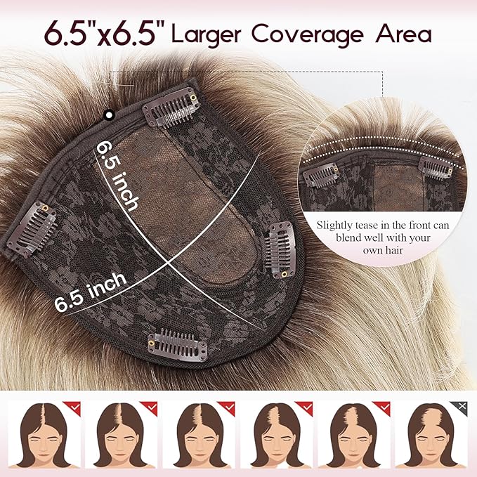 EMMOR Human Hair Toppers for Women Short Bob Real Hair with Bangs 10" Side Part Hairpieces for Women with Thin Hair 6.5" × 6.5" Larger Base Human Wig Toppers(Ombre Gray Blonde)