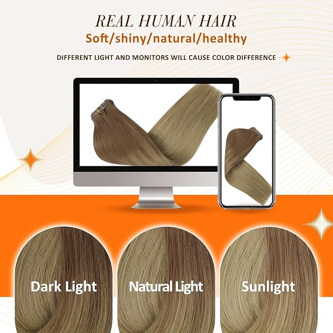 Full Shine Brown Seamless Clip in Hair Extensions Real Human Hair Brown Ombre to Blonde Hair Extensions 20 Inch for Women Hair Extension Real Human Hair PU Clip ins 120 G 8 PCS