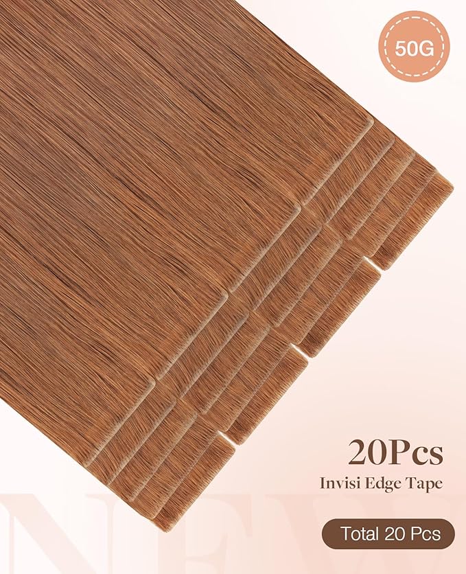 GOO GOO Invisi Edge Tape in Hair Extensions Human Hair, 330 Cinnamon Terra Copper, 20pcs 16inch 50g, Virgin Remy Hair, Seamless Injected Tape, Natural Look