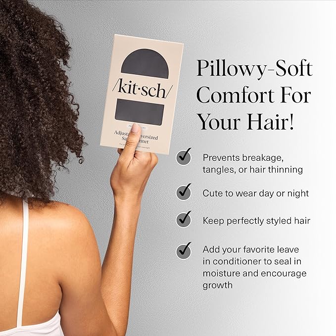 Kitsch XL Satin Bonnet for Sleeping - Softer Than Silk Hair Bonnet for Women - Secure Fit, Adjustable Night Cap for Curly & Textured Hair - Prevents Breakage, Tangles & Thinning - Charcoal