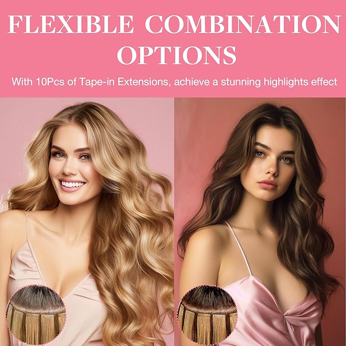 GOO GOO Tape in Hair Extensions Human Hair, 4/18 Balayage Chocolate Brown Highlighted Dirty Blonde, 16inch 25g 10pcs, Skin Weft Seamless Invisible, Silky Straight with Thick Ends, Remy Human Hair