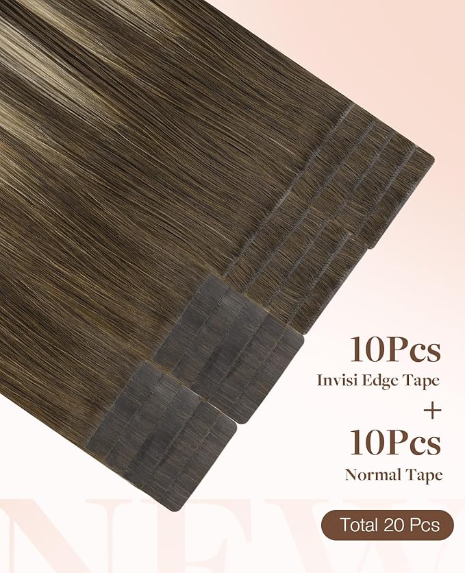 GOO GOO Invisi Edge Tape in Hair Extensions Human Hair, 4/26/4 Balayage Chocolate Brown to Honey Blonde 10pcs injected with 10pcs classical tape ins, 24inch 50g, Virgin Remy Hair, Natural Look