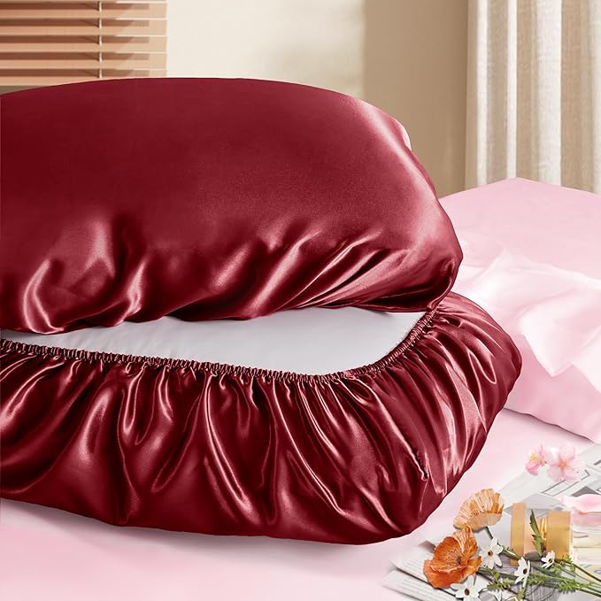 Manyshofu Satin Pillowcases for Hair Protection - 2Pcs Maroon Pillow Cases, Elastic Band Standard & Queen Satin Pillowcases Luxury Silky Pillow Cases Travel Pillow Covers, MSF2402010590